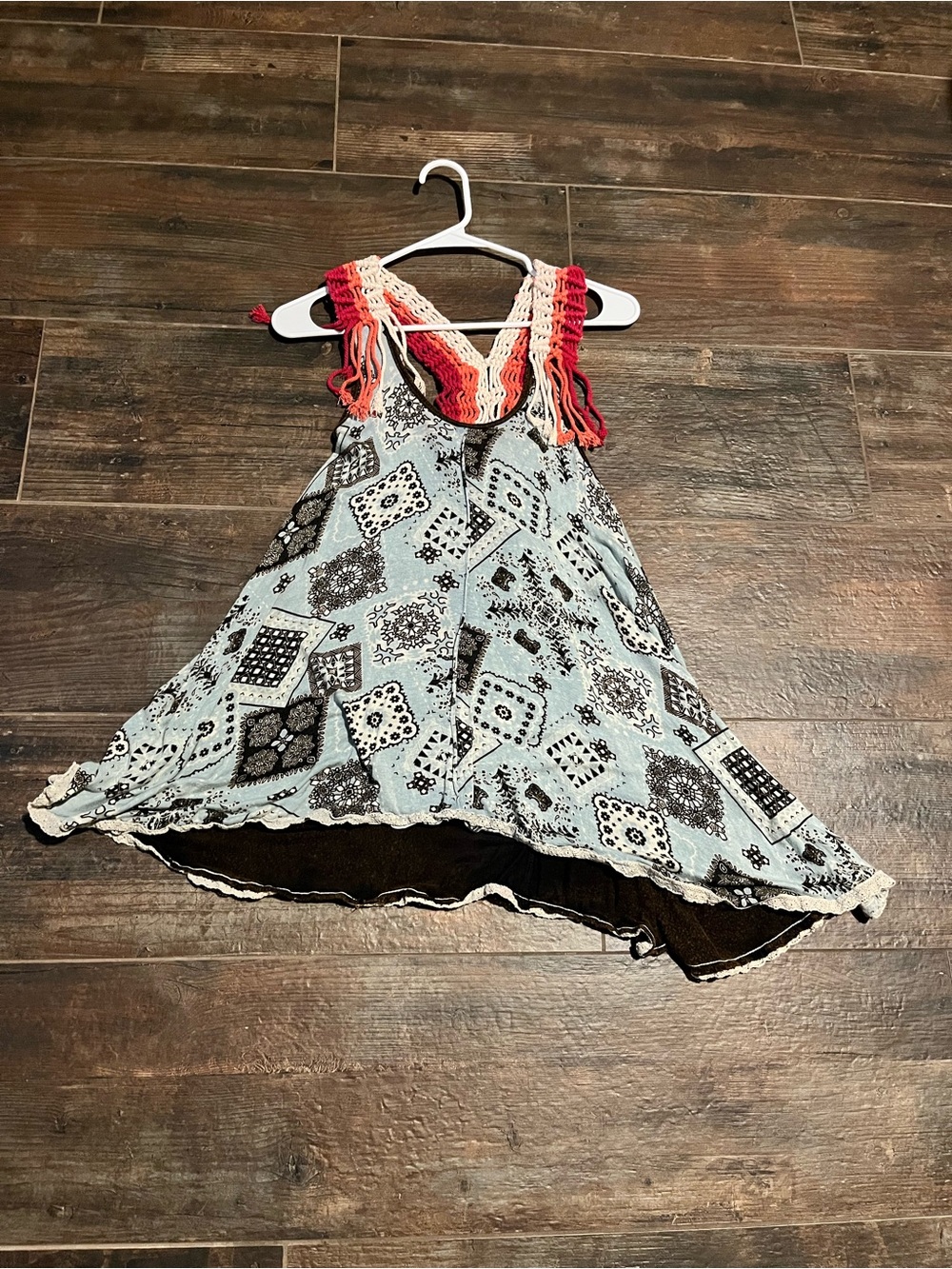 gimmicks by BKE Blue Patterned Tank with Coral Crochet Straps